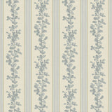Printed linen fabric with grey and white stripes and an oak-leaf motif.