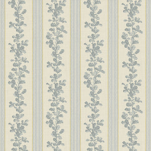 Printed linen fabric with grey and white stripes and an oak-leaf motif.