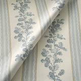 Printed linen fabric with grey and white stripes and an oak-leaf motif.