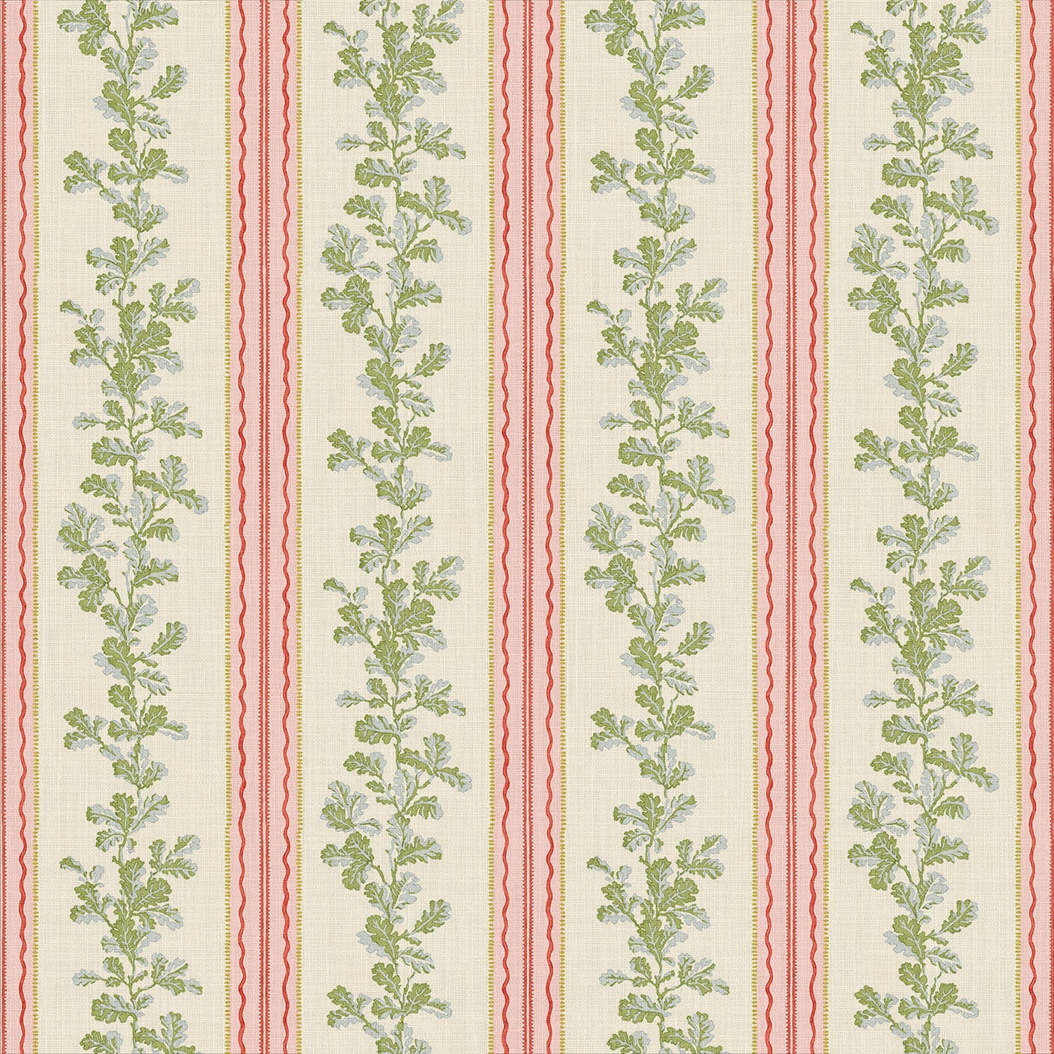 Printed linen fabric with pink and green stripes and an oak-leaf motif.