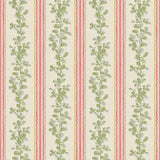 Printed linen fabric with pink and green stripes and an oak-leaf motif.