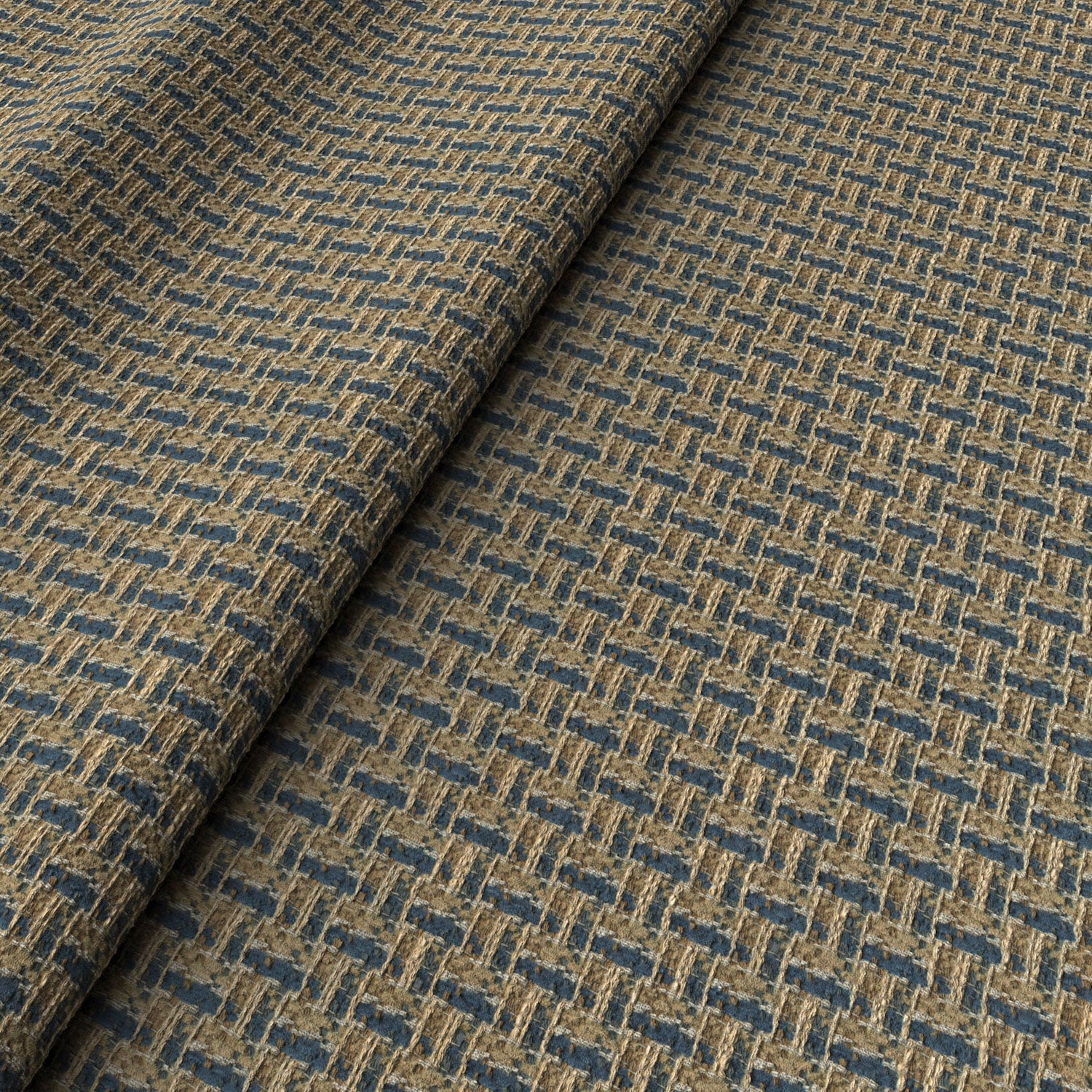 Printed linen fabric with textural weave pattern in brown and blue colours for upholstery.