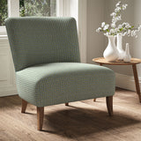 Armchair in a printed linen fabric with textural weave pattern in blue and yellow colours.