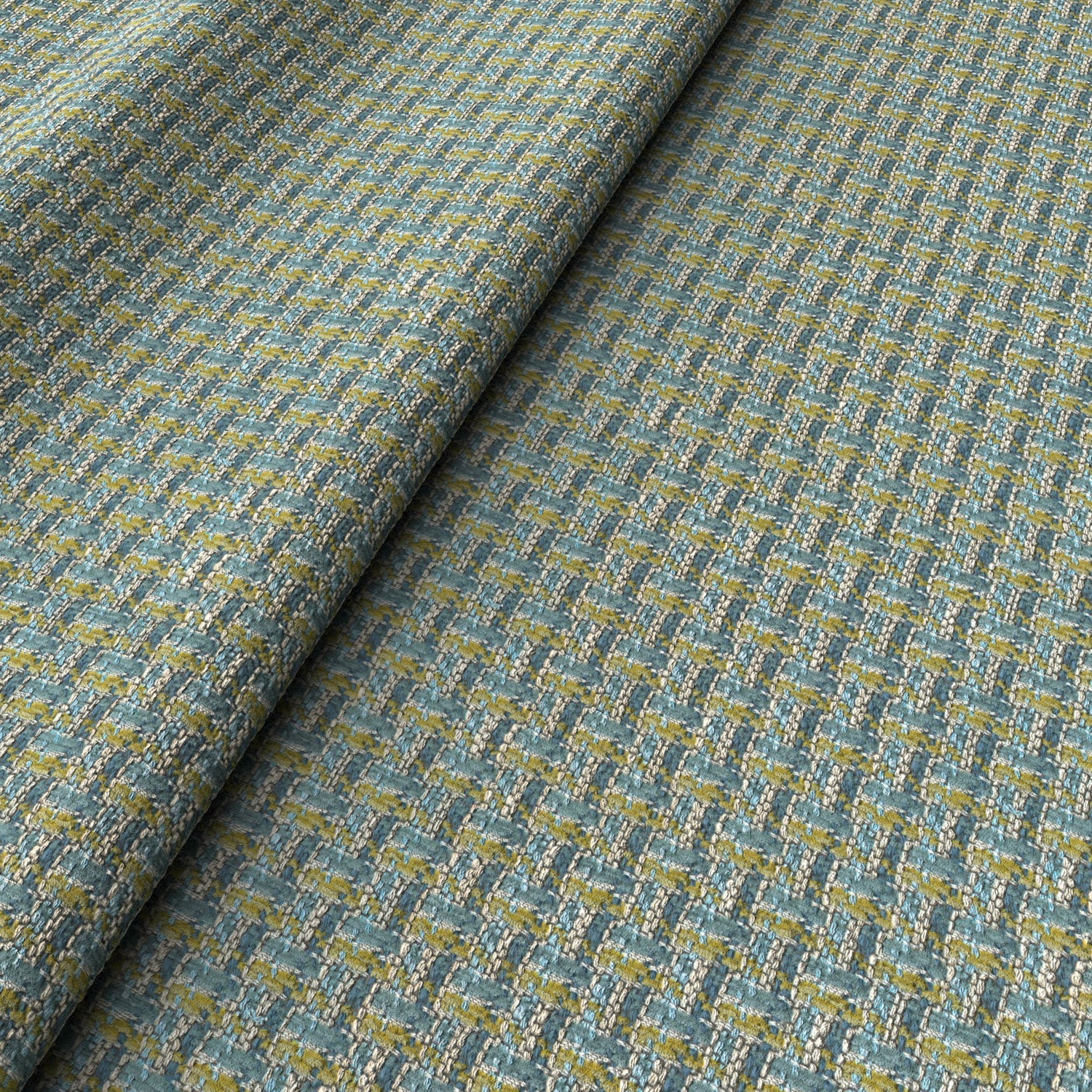 Printed linen fabric with textural weave pattern in blue and yellow colours for upholstery.