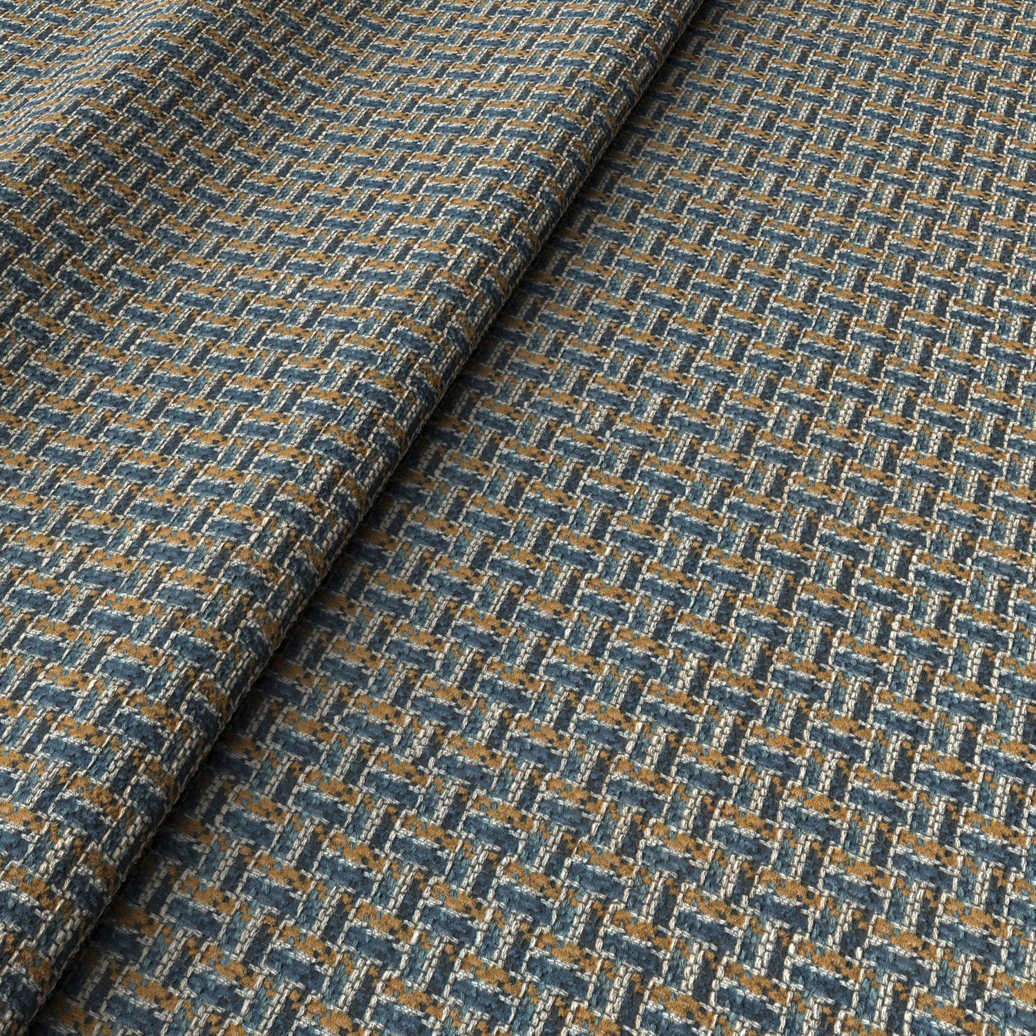 Printed linen fabric with textural weave pattern in beige colours for upholstery.