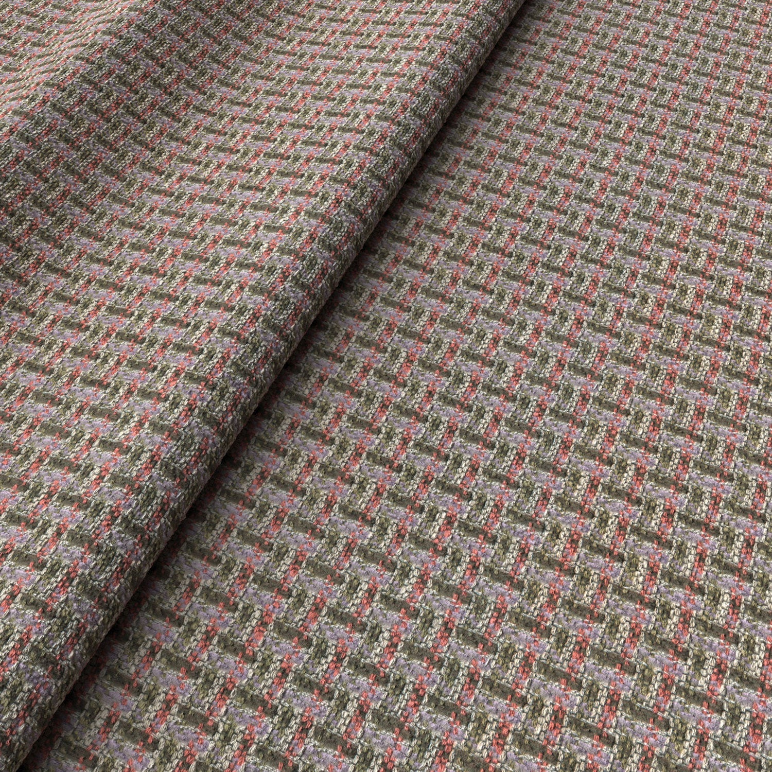 Printed linen fabric with textural weave pattern in pink and green colours for upholstery.