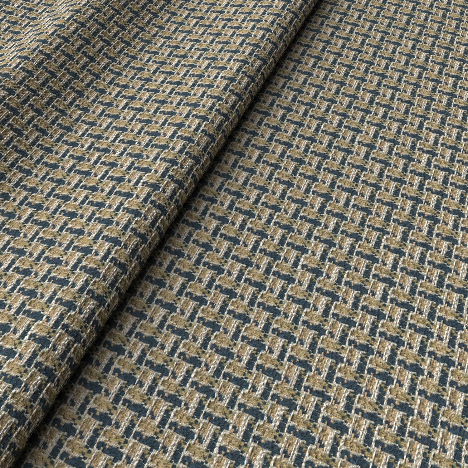 Printed linen fabric with textural weave pattern in brown and blue colours for upholstery.