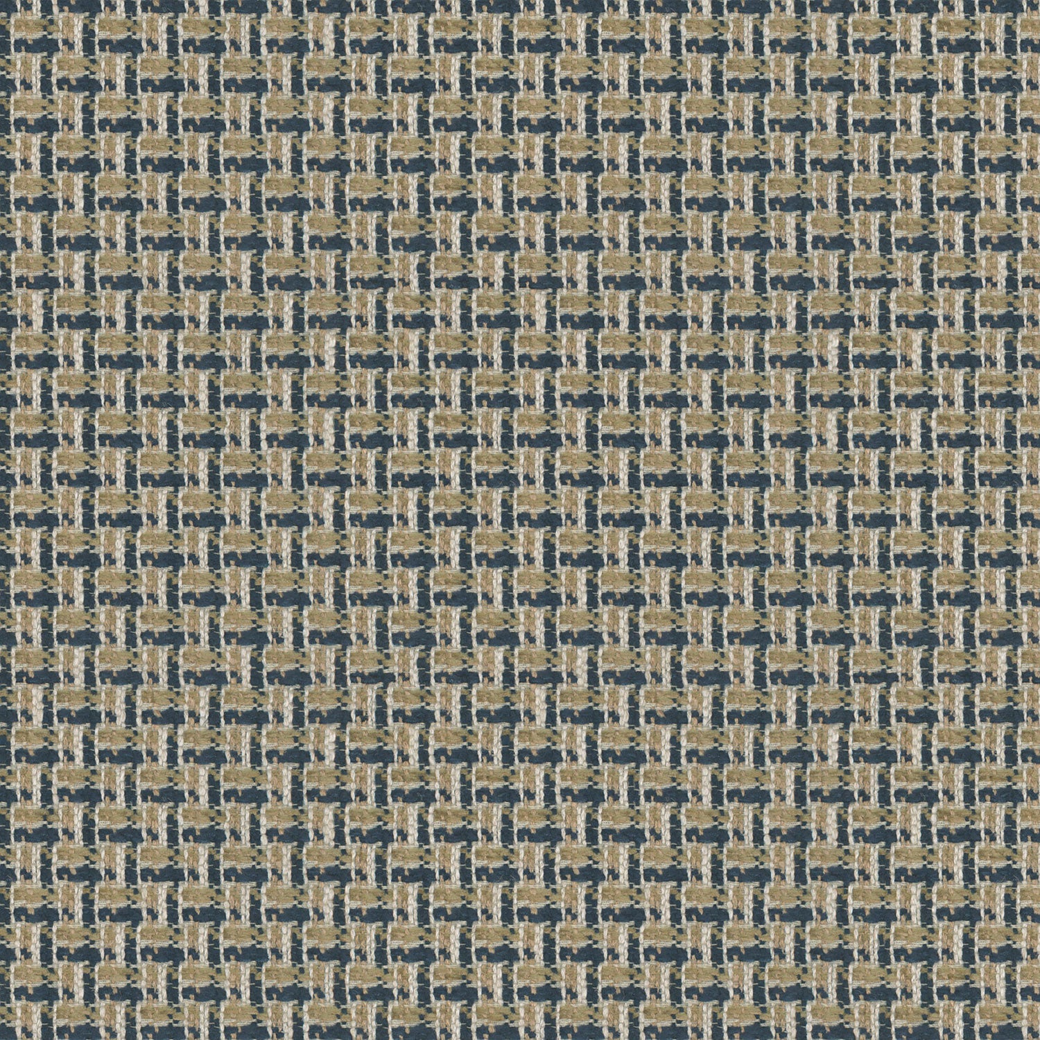 Printed linen fabric with textural weave pattern in brown and blue colours for upholstery.
