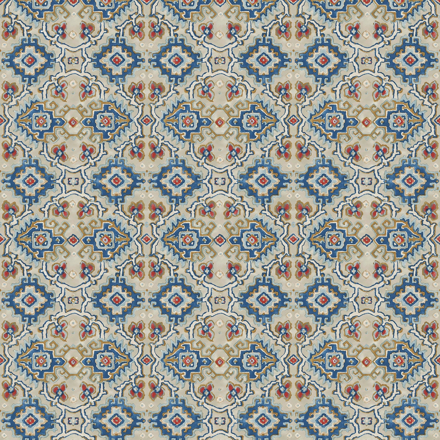 Printed velvet fabric with an oriental geometric design in blue colours, for upholstery and curtain use