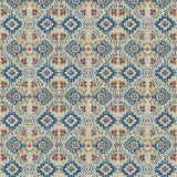 Printed velvet fabric with an oriental geometric design in blue colours, for upholstery and curtain use
