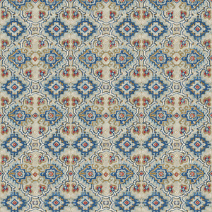 Printed velvet fabric with an oriental geometric design in blue colours, for upholstery and curtain use