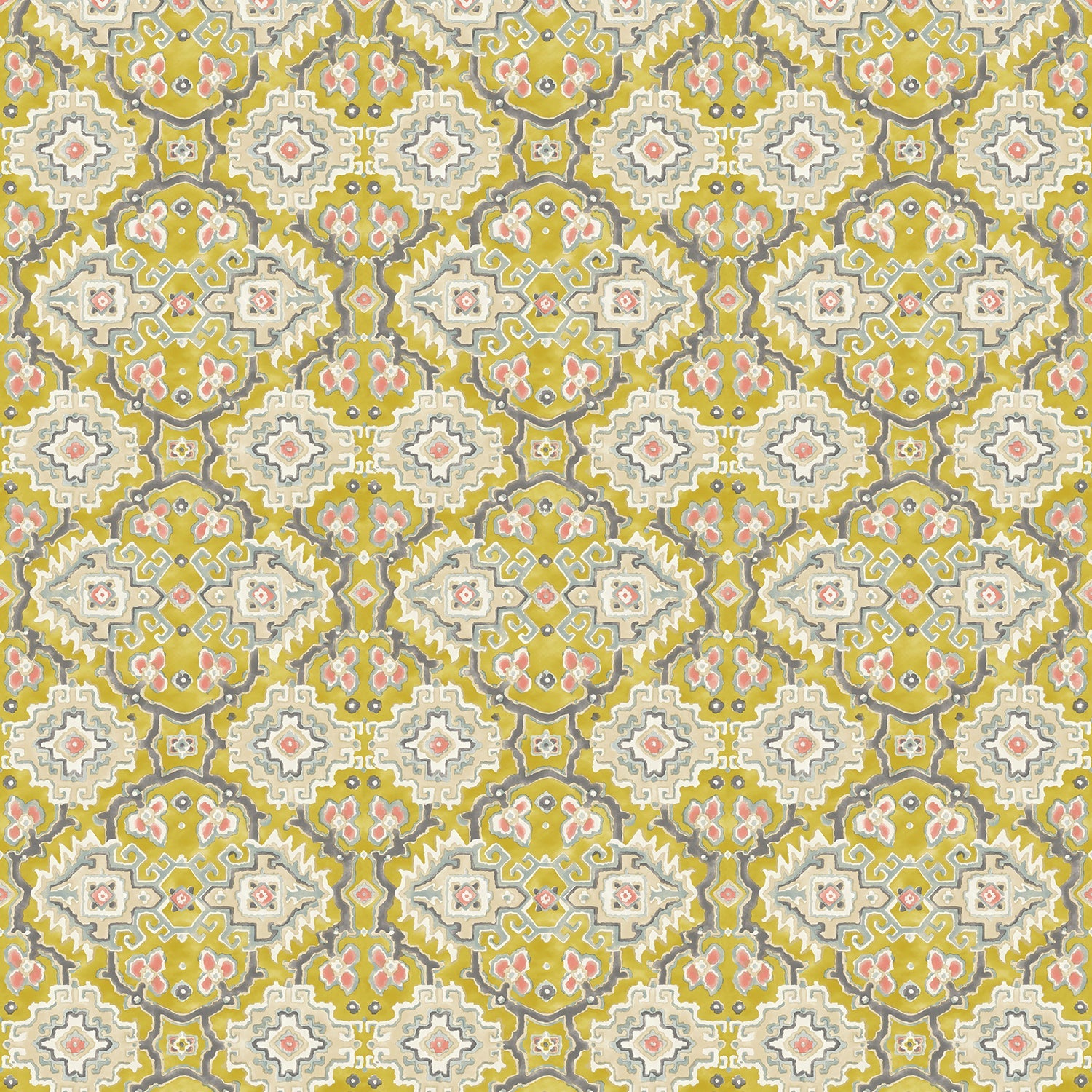 Printed velvet fabric with an oriental geometric design in yellow colours, for upholstery and curtain use