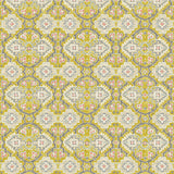Printed velvet fabric with an oriental geometric design in yellow colours, for upholstery and curtain use