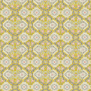 Printed velvet fabric with an oriental geometric design in yellow colours, for upholstery and curtain use