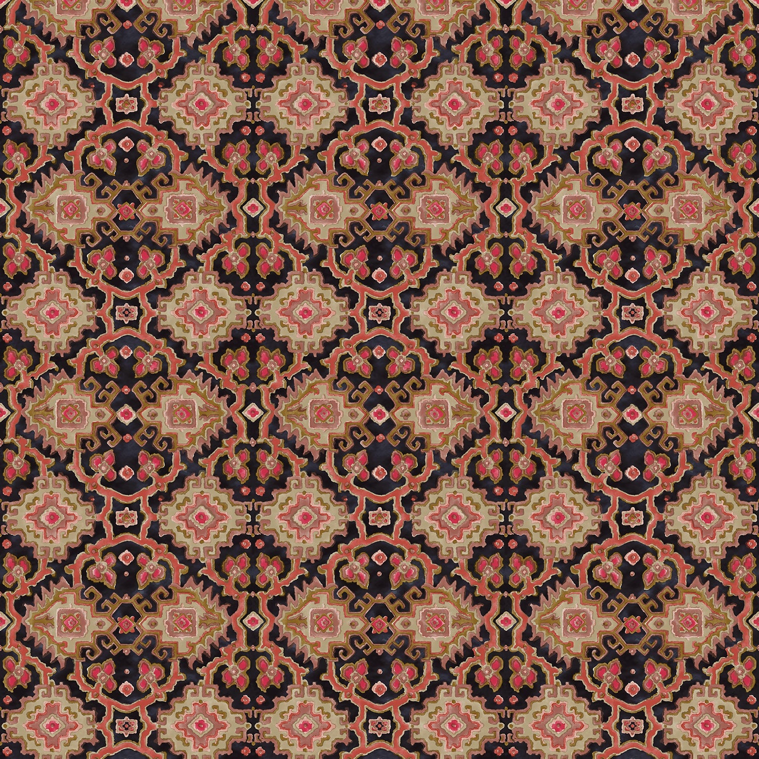 Printed velvet fabric with an oriental geometric design in multicolours, for upholstery and curtain use
