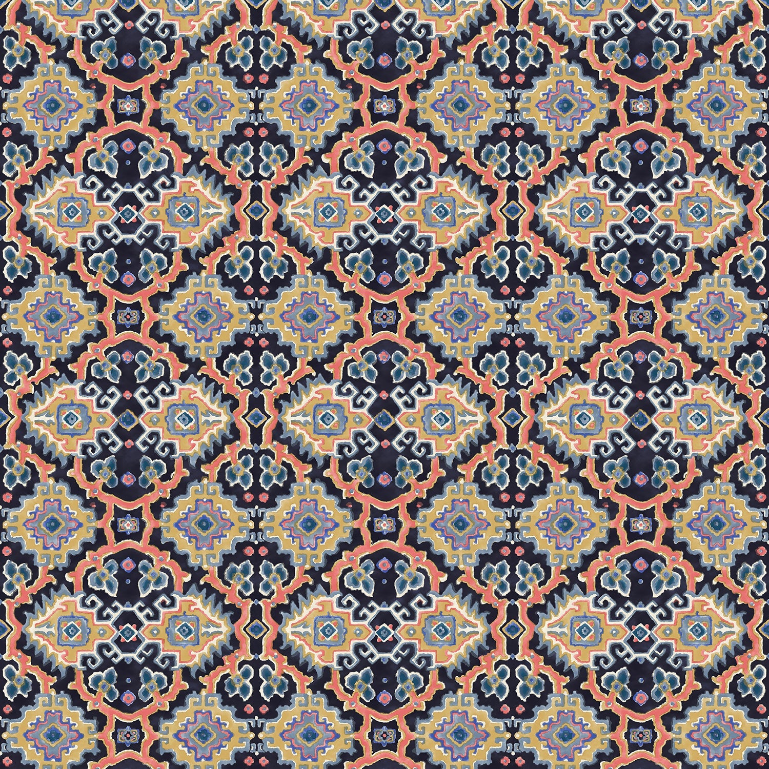 Printed velvet fabric with an oriental geometric design in multicolours, for upholstery and curtain use