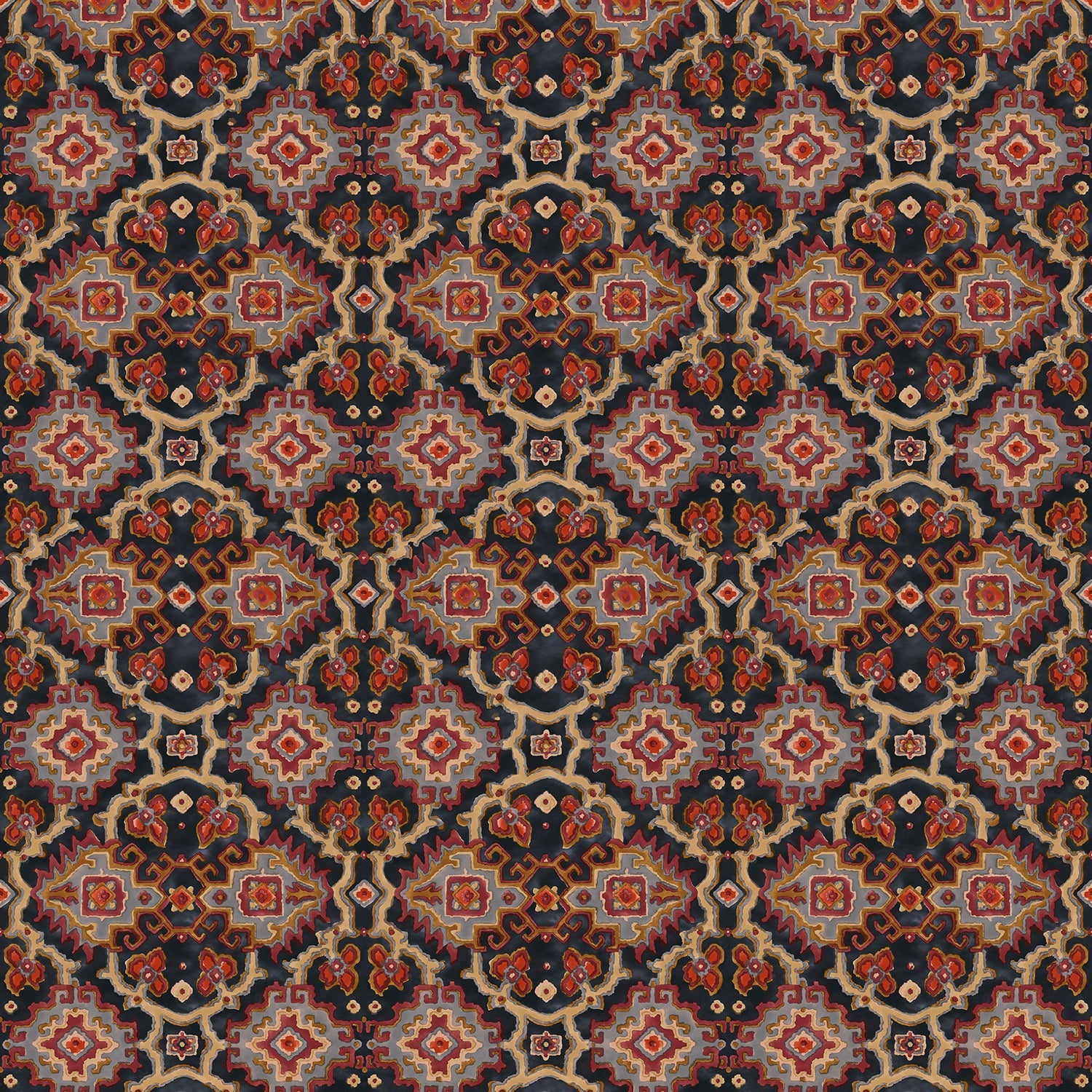 Printed velvet fabric with an oriental geometric design in multicolours, for upholstery and curtain use