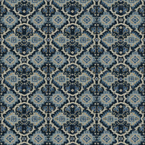 Printed velvet fabric with an oriental geometric design in blue colours, for upholstery and curtain use