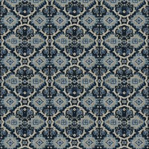 Printed velvet fabric with an oriental geometric design in blue colours, for upholstery and curtain use