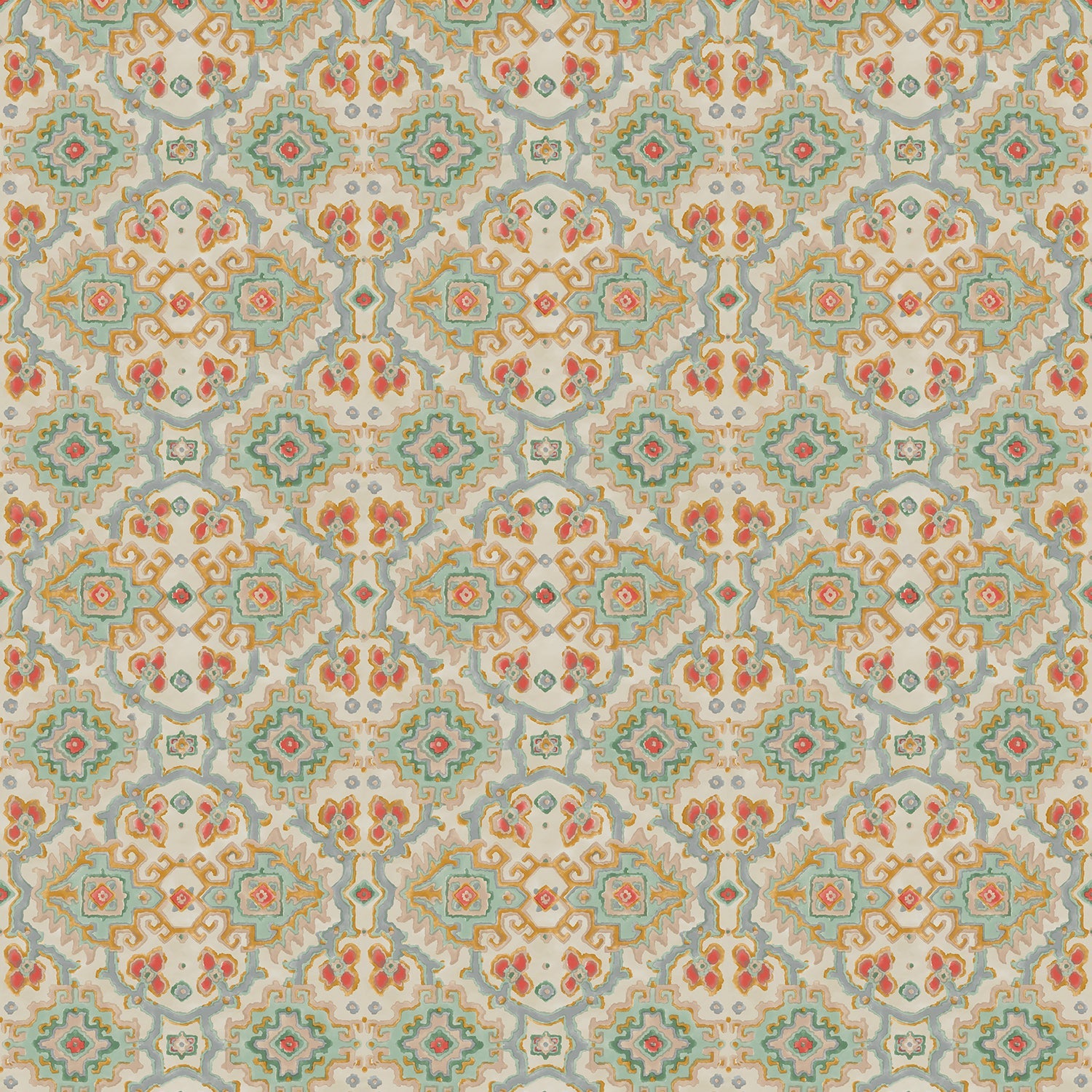 Printed velvet fabric with an oriental geometric design in multicolours, for upholstery and curtain use