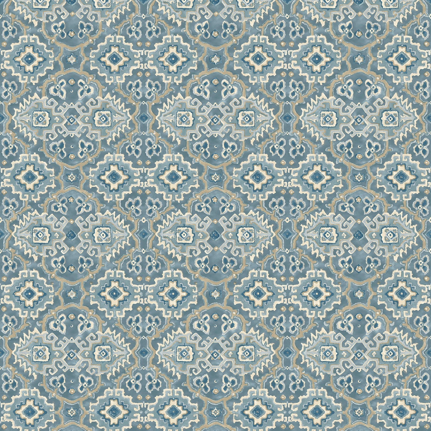 Printed velvet fabric with an oriental geometric design in blue colours, for upholstery and curtain use