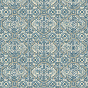 Printed velvet fabric with an oriental geometric design in blue colours, for upholstery and curtain use