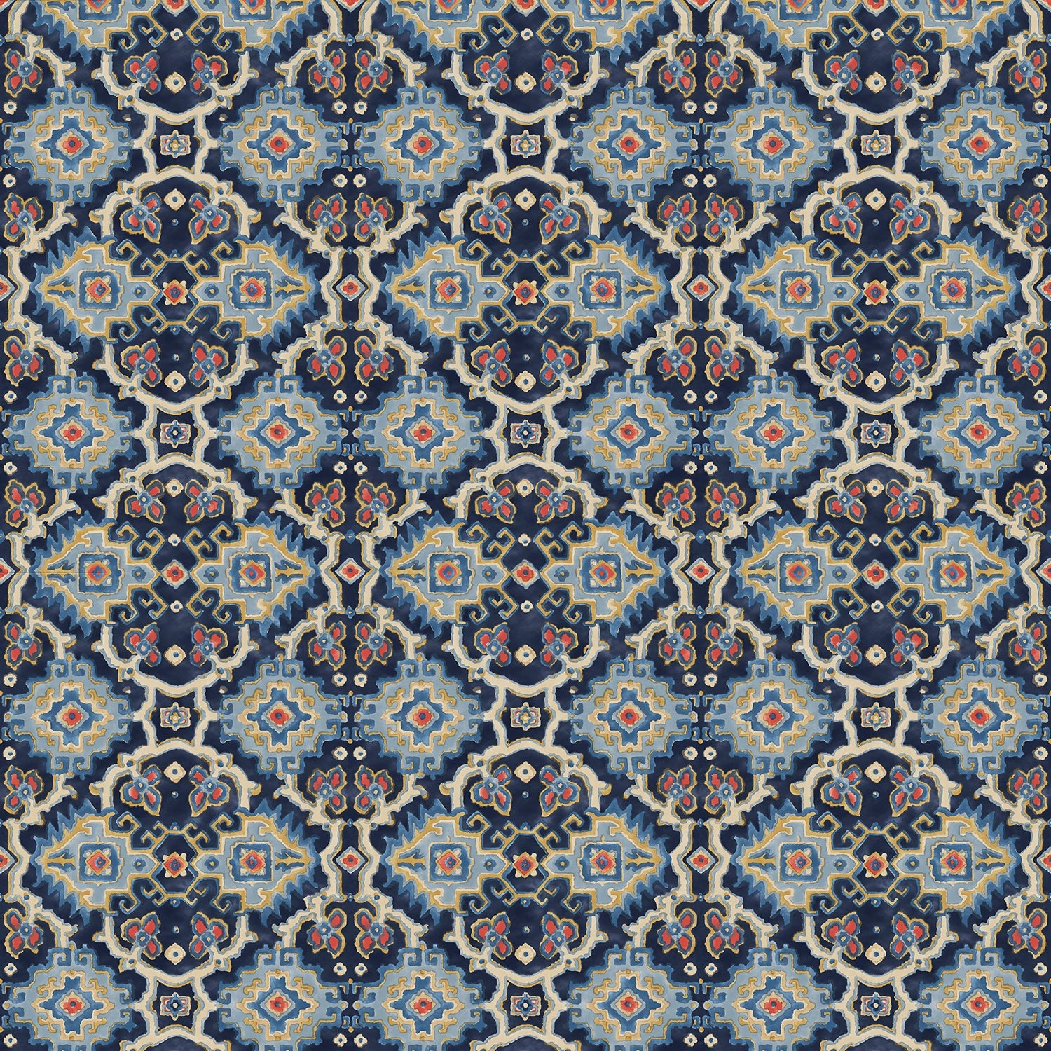 Printed velvet fabric with an oriental geometric design in blue colours, for upholstery and curtain use