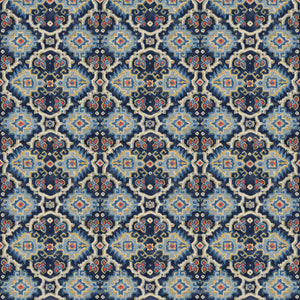 Printed velvet fabric with an oriental geometric design in blue colours, for upholstery and curtain use