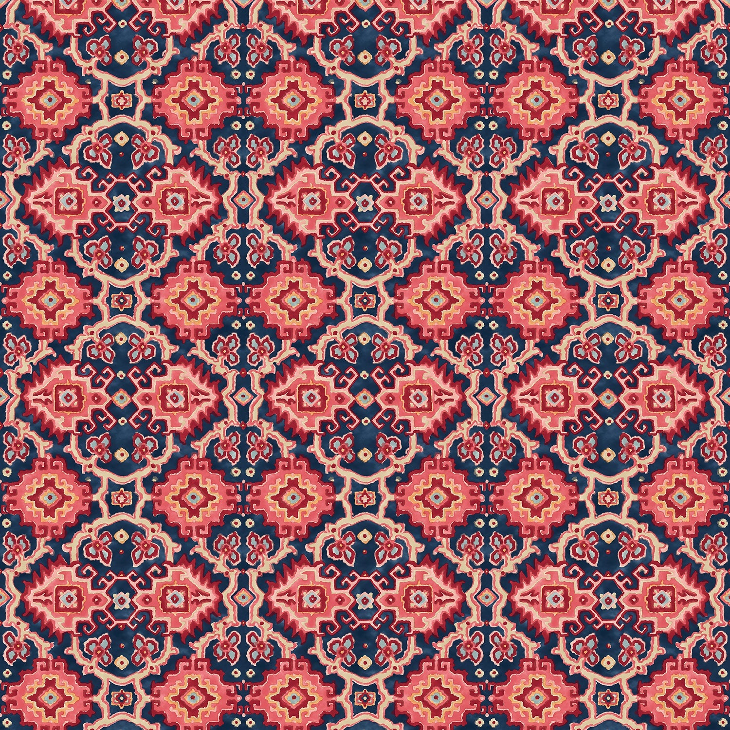 Printed velvet fabric with an oriental geometric design in pink and purple colours, for upholstery and curtain use