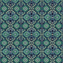 Printed velvet fabric with an oriental geometric design in blue and green colours, for upholstery and curtain use