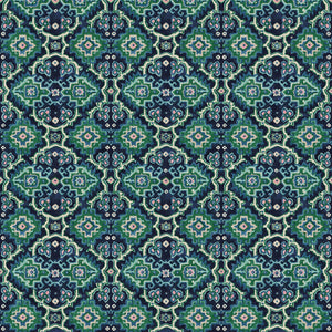 Printed velvet fabric with an oriental geometric design in blue and green colours, for upholstery and curtain use