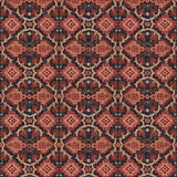 Printed velvet fabric with an oriental geometric design in red colours, for upholstery and curtain use