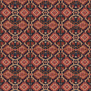 Printed velvet fabric with an oriental geometric design in red colours, for upholstery and curtain use