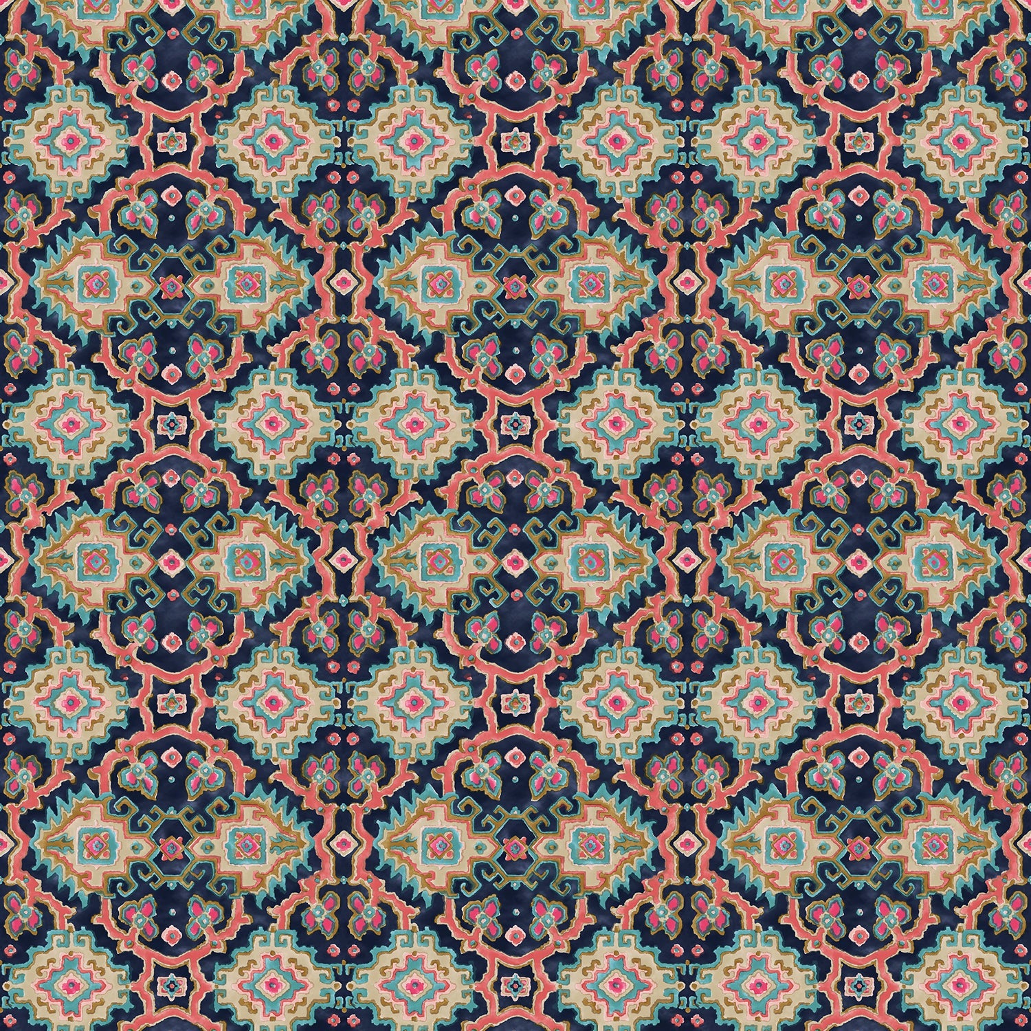 Printed velvet fabric with an oriental geometric design in  multicolours, for upholstery and curtain use