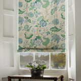 Blind in a printed linen fabric with tree of life design in blue and green colours.