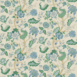 Printed linen fabric with tree of life pattern in blue and greens colours for linen curtains, blinds and upholstery.