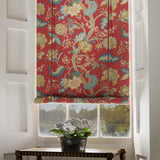 Blind in a printed linen fabric with tree of life design in red and blue.