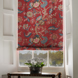 Blinds in a printed linen fabric with tree of life design in red and blue colours.