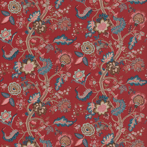 Printed linen fabric with life of tree pattern in red and blue colours for linen curtains, blinds and upholstery.