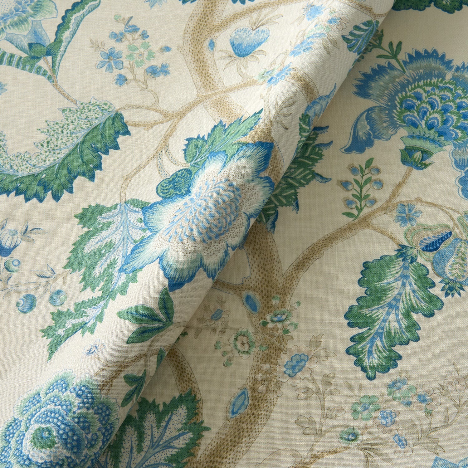 Printed linen fabric with tree of life pattern in blue and greens colours for linen curtains, blinds and upholstery.