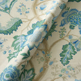 Printed linen fabric with tree of life pattern in blue and greens colours for linen curtains, blinds and upholstery.
