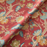 Printed linen fabric with tree of life pattern in red and blue for linen curtains, blinds and upholstery.
