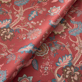 Printed linen fabric with life of tree pattern in red and blue colours for linen curtains, blinds and upholstery.