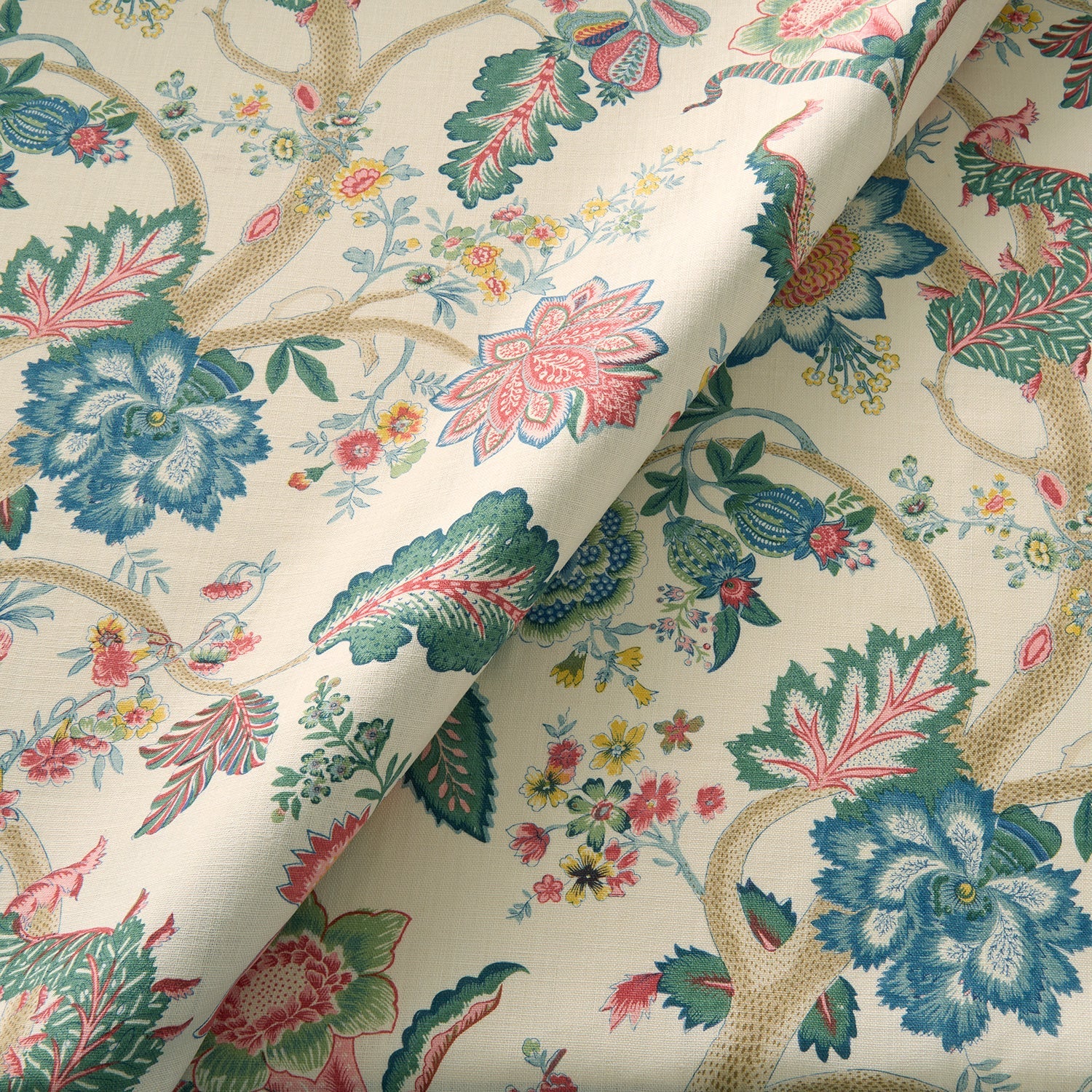 Printed linen fabric with tree of life pattern in multicolours for linen curtains, blinds and upholstery.