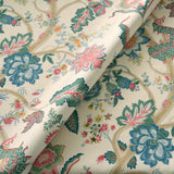 Printed linen fabric with tree of life pattern in multicolours for linen curtains, blinds and upholstery.