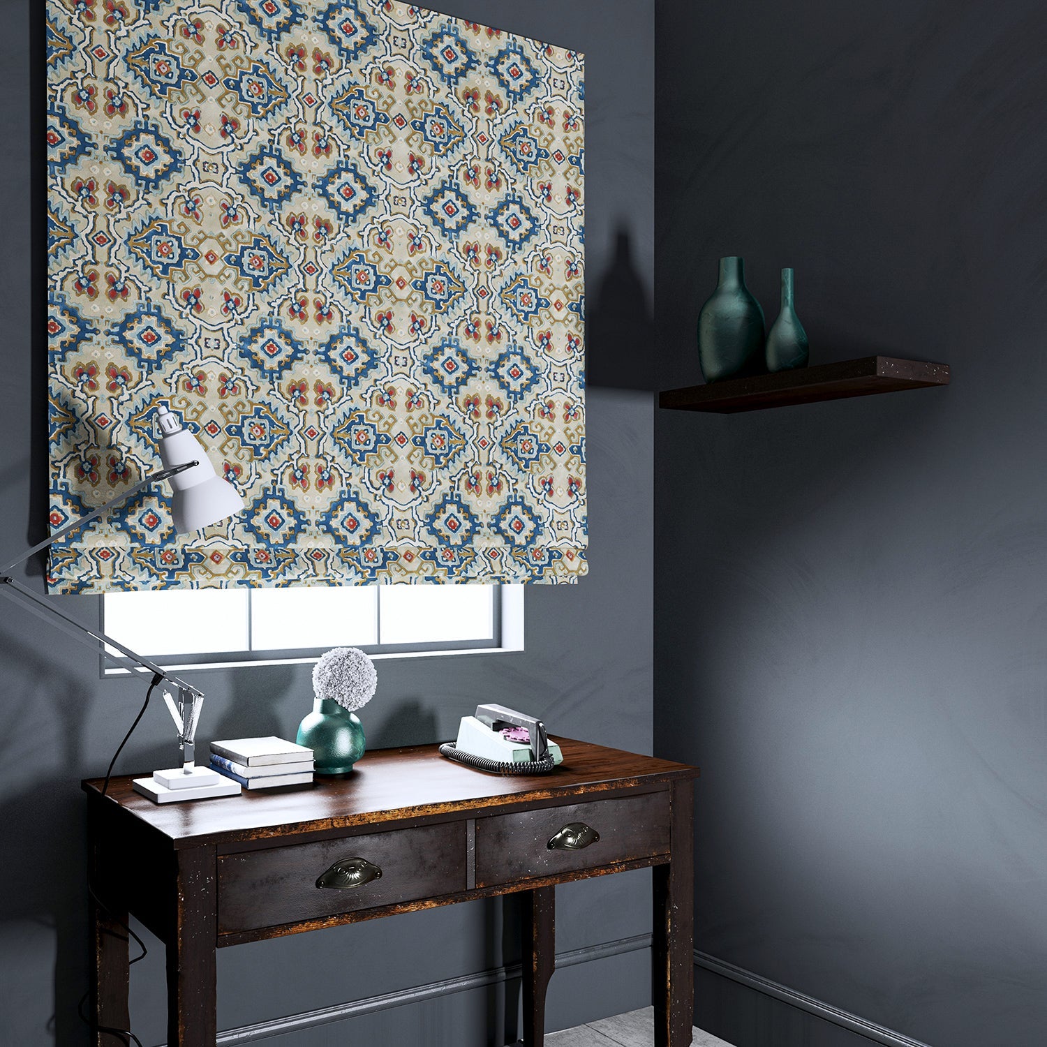 Velvet blind upholstered in a printed velvet fabric with an oriental geometric design in blue colours