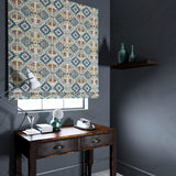 Velvet blind upholstered in a printed velvet fabric with an oriental geometric design in blue colours