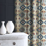 Velvet curtain in a printed velvet fabric with an oriental geometric design in blue colours