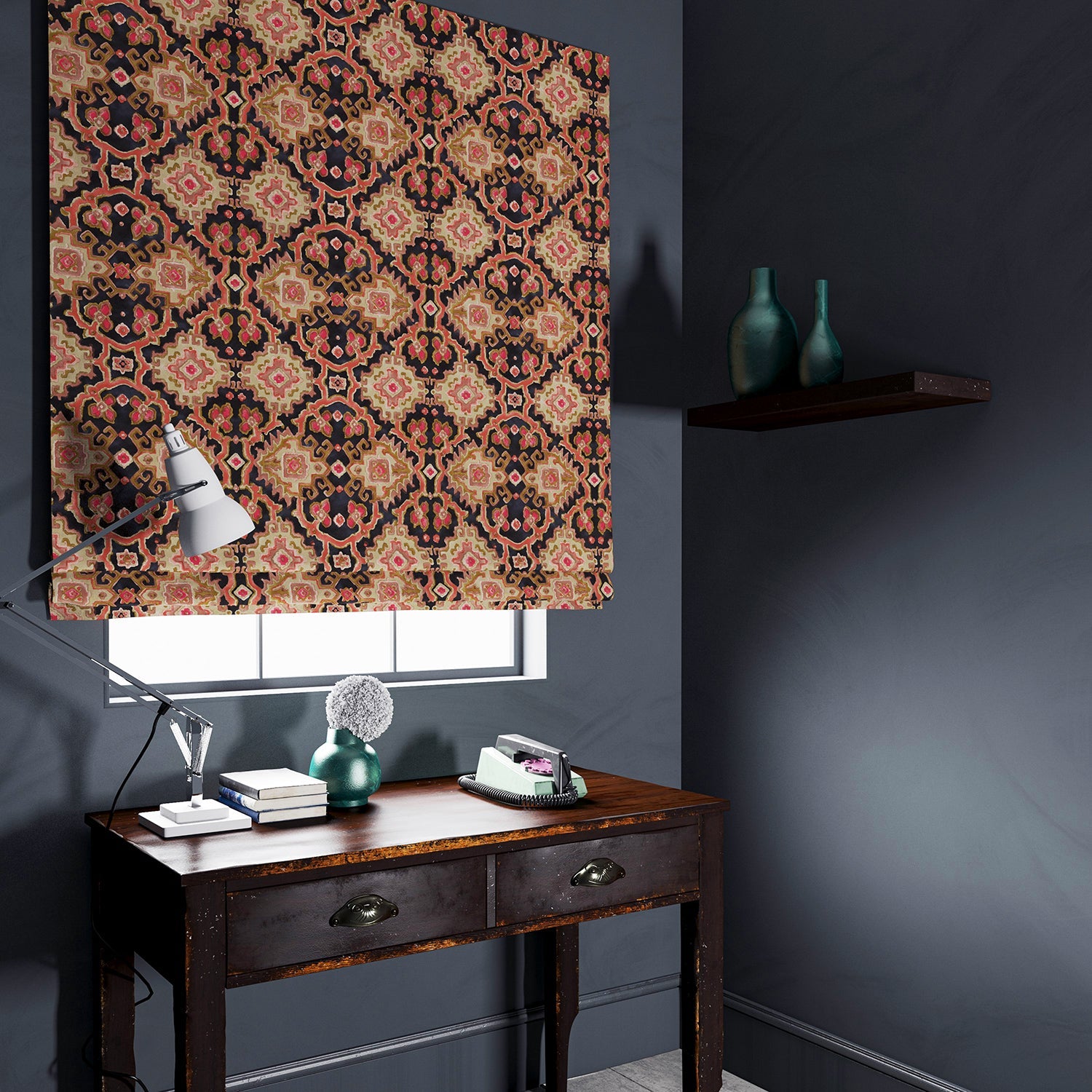 Velvet blind upholstered in a printed velvet fabric with an oriental geometric design in multicolours