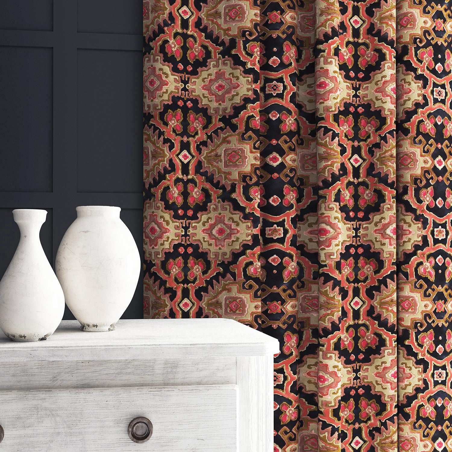 Velvet curtain in a printed velvet fabric with an oriental geometric design in multicolours